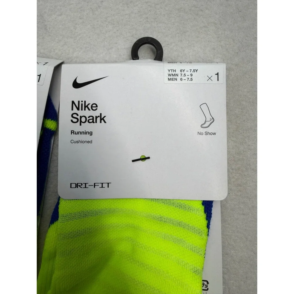 2 Nike Spark Running Cushioned No Show Socks Volt yellow Blue M 6-7.5 W 7.5-9